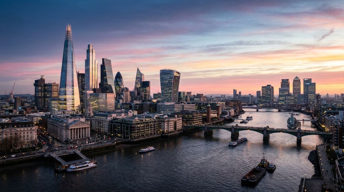 Global financial capital skyline at dawn